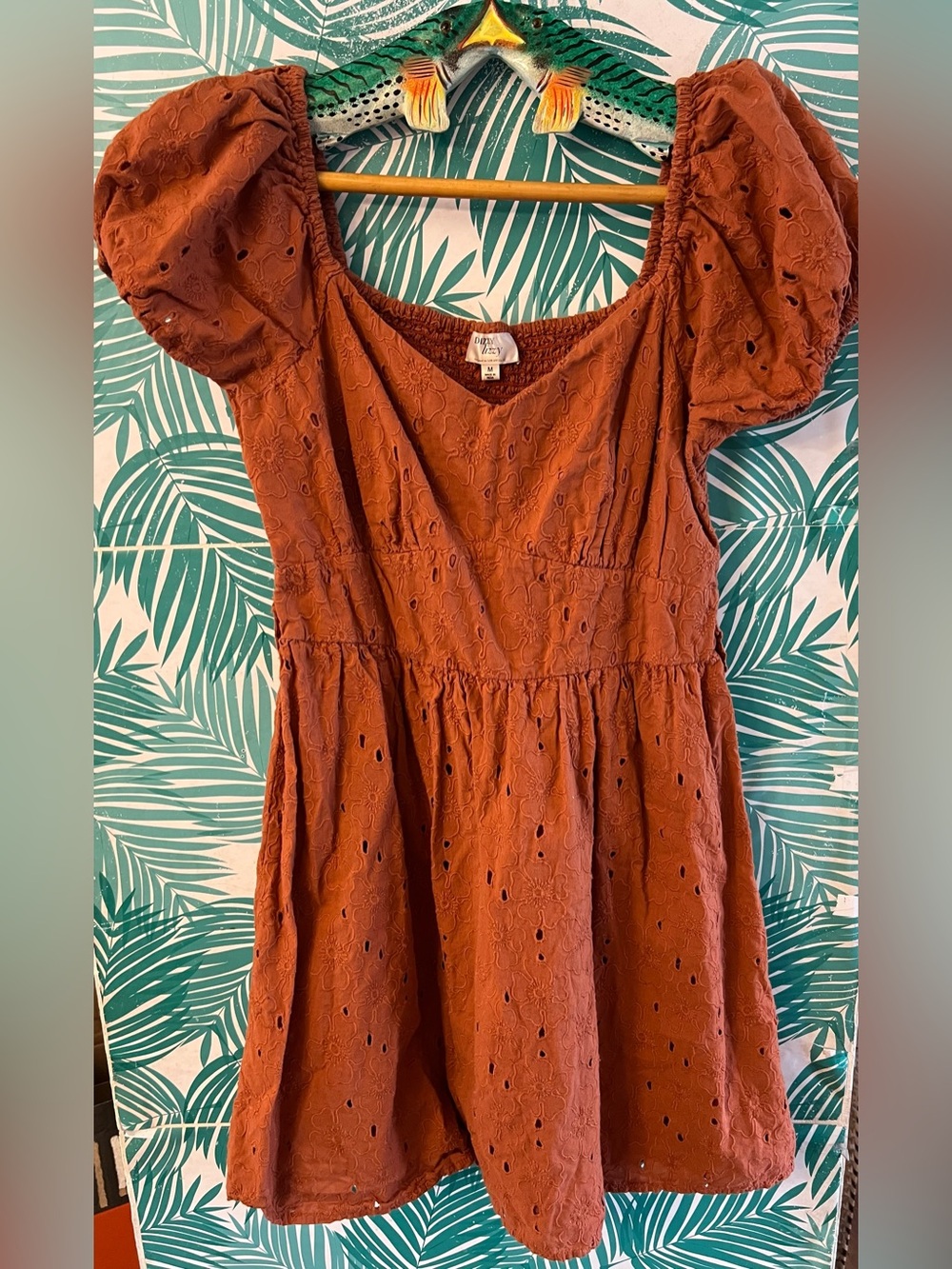 Dizzy Lizzy Puff-Sleeve Embroidered Eyelet Mini Dress in Rust Sz M cottagecore